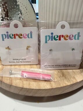 Bundle of Pierced Co Kids Hypoallergenic Earring Sets Gold & Light Blue and Tool